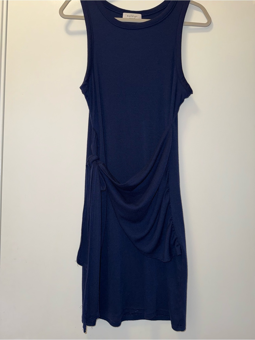Kaileigh Navy Blue Sleeveless Ruched Side Knot Stretch Knit Midi Dress Made USA